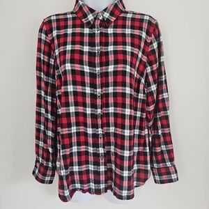 Talbots Red Black Shimmer Plaid Button-Up Shirt Petite Medium Flannel Cotton